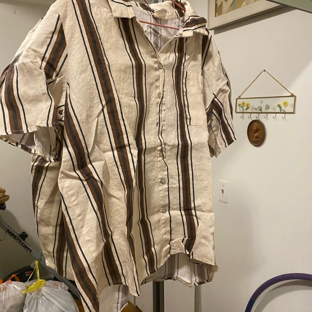Vrg Grl Cream and Brown Button Down Shirt with Vertical Stripes